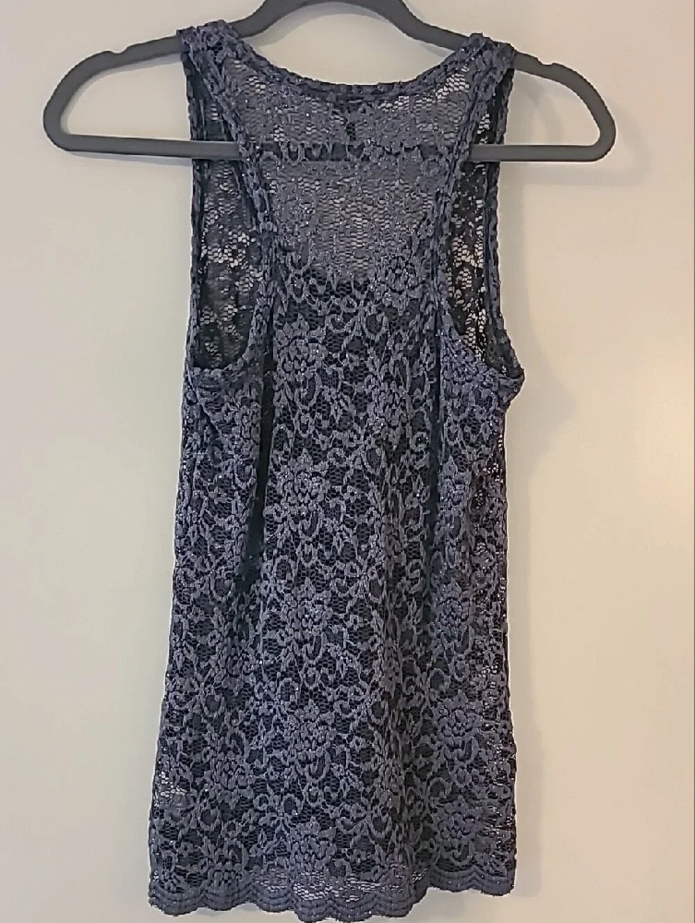 Y2K Buckle BKE Lace Crochet Tank Top Grey Silver Shimmer Boho Floral Sparkle